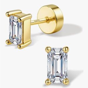 14K Gold Moissanite Emerald Cut Baguette Stud Earrings Plated 925 Silver VVS D